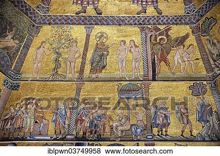 Medieval Mosaiques Sur Les Plafond De Les Baptistere De Florence Cathedrale Projection Scenes Depuis Les Jardin Eden Florence