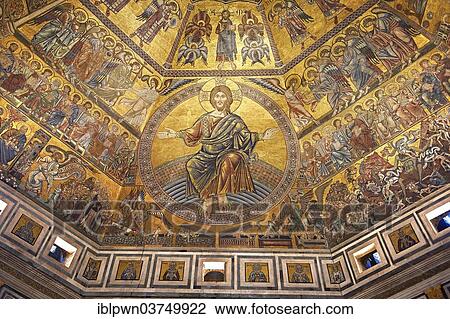 Medieval Mosaics On The Ceiling Of The Baptistry Of Florence Cathedral Showing Christ And The Last Judgement Florence Tuscany Italy Europe