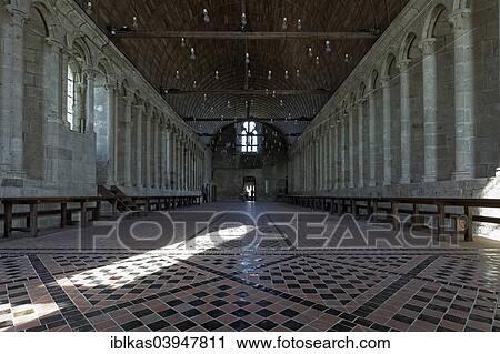 "Medieval refectory in the monastery of Mont Saint-Michel, Mont Saint-Michel, Departement Manche, Lower Normandy, France, Europe" View Large Photo Image Stock Image - "Medieval refectory in the monastery of Mont Saint-Michel, Mont Saint-Michel, Departement Manche, Lower Normandy, France, Europe". Fotosearch