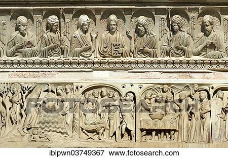 Stock Photo - "Medieval sculptural reliefs on the door of the Baptistry of St. John, Pisa, Province of Pisa, Tuscany, Italy, Europe". Fotosearch