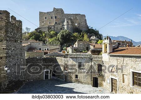 Stock Image - "Medieval village with a castle in the mountains, Castelvecchio di Rocca Barbena, Savona Province, Liguria, Italy, Europe". Fotosearch