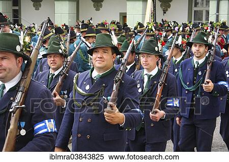 Stock Photography - "Members of a Bavarian shooting club at a costume parade with shouldered rifles, Benediktbeuern, Bavaria, Germany, Europe". Fotosearch