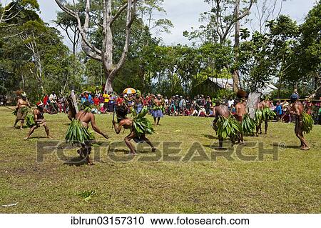 Stock Image - "Members of a tribe in colourful decorations and face paint are celebrating at the traditional Sing Sing gathering in the highlands, Paya, Papua New Guinea, Oceania". Fotosearch