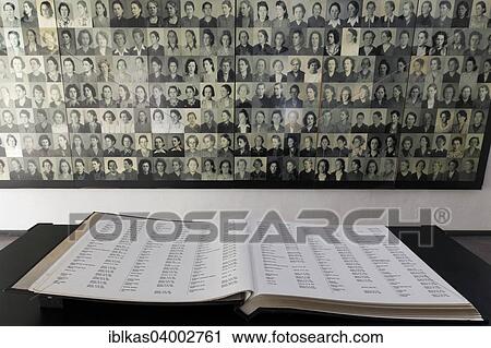 Stock Image - "Memorial book in the former guard's house, site of the names, Ravensbruck National Memorial, former women's concentration camp, Furstenberg Havel, Brandenburg, Germany, Europe". Fotosearch