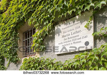 Stock Photo - "Memorial for Martin Luther, stone slab with an inscription, building of the School of Music, Weimar, Thuringia, Germany, Europe". Fotosearch