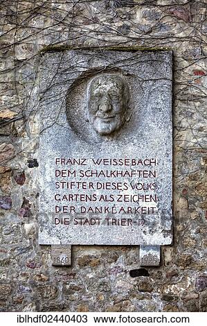 "Memorial plaque for Peter Franz Weissebach, 1860 - 1925, a joker and founder of the palace gardens, Trier, Rhineland-Palatinate, Germany, Europe" View Large Photo Image Stock Image - "Memorial plaque for Peter Franz Weissebach, 1860 - 1925, a joker and founder of the palace gardens, Trier, Rhineland-Palatinate, Germany, Europe". Fotosearch