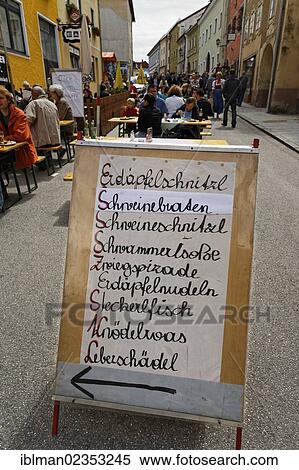 Stock Photography - "Menu of regional specialties, Webermarkt market, Haslach an der Muehl, Upper Austria, Austria, Europe, PublicGround, Europe". Fotosearch