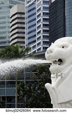 Picture - "Merlion, a mythical creature spitting water, symbol of the city in Merlion Park, Central Area, Central Business District, Singapore, Asia". Fotosearch