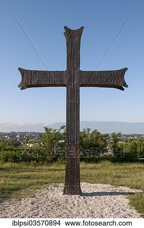 Picture - "Metal cross outside Bagrati Cathedral, a UNESCO World Heritage Site, Kutaissi, Imereti region, Georgia, Asia". Fotosearch