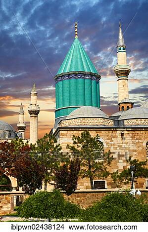 Picture - "Mevlana museum, with the blue domed mausoleum of Jalal ad-Din Muhammad Rumi, a Sufi mystic also known as Mevlana or Rumi, Konya, Turkey, Asia". Fotosearch