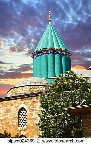 Stock Image - "Mevlana museum, with the blue domed mausoleum of Jalal ad-Din Muhammad Rumi, the dervish lodge, tekke, of the Mevlevi order, Konya, Turkey, Asia". Fotosearch