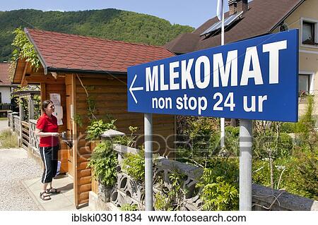 Picture - "Milk vending machine with fresh milk, Novo Mesto, Slovenia, Europe". Fotosearch