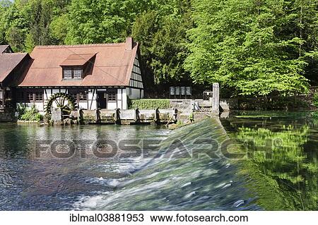 Stock Image - "Mill at the Blautopf spring, Blaubeuren, Swabian Jura, Baden-Wurttemberg, Germany, Europe". Fotosearch