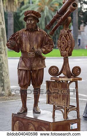 Stock Photo - "Mime, living statue, street artist, depicting Galileo Galilei, La Rambla, Barcelona, â€‹â€‹Catalonia, Spain, Europe". Fotosearch