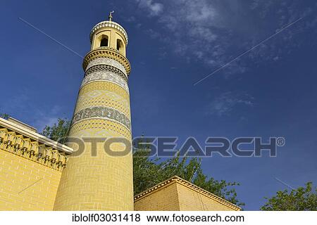 "Minaret of the Id Kah Mosque, Uyghur Muslim historic town centre, Kashgar, Seidenstrasse, Xinjiang, China, People's Republic of China, Asia" View Large Photo Image Stock Photo - "Minaret of the Id Kah Mosque, Uyghur Muslim historic town centre, Kashgar, Seidenstrasse, Xinjiang, China, People's Republic of China, Asia". Fotosearch