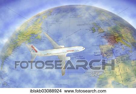Miniature airplane flying through clouds above a globe View Large Photo Image Picture - Miniature airplane flying through clouds above a globe. Fotosearch