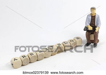 "Miniature figure of an unemployed worker, letter cubes forming the word """"arbeitslos"""", German for """"unemployed""""" View Large Photo Image Stock Photo - "Miniature figure of an unemployed worker, letter cubes forming the word """"arbeitslos"""", German for """"unemployed""""". Fotosearch