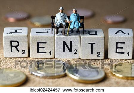 Miniature figures of a senior couple sitting on dice spelling out the word Rente, German for pension, symbolic image for pension scheme View Large Photo Image Stock Photo - Miniature figures of a senior couple sitting on dice spelling out the word Rente, German for pension, symbolic image for pension scheme. Fotosearch