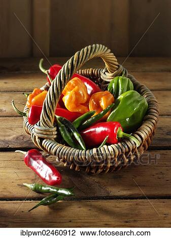 Stock Image - Mixed fresh chilis in a basket. Fotosearch