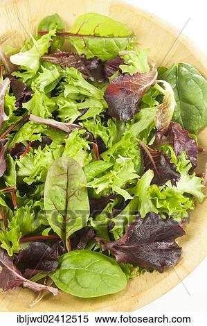 Stock Photography - Mixed lettuce leaves in wooden bowl. Fotosearch