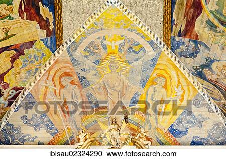 "Modern art, colourful ceiling painting by Lou Mohr, """"Trinity"""", 1938, painting of Jesus Christ at Oslo Cathedral, Olso Domkirke, Oslo, Norway, Scandinavia, Northern Europe, Europe" View Large Photo Image Stock Image - "Modern art, colourful ceiling painting by Lou Mohr, """"Trinity"""", 1938, painting of Jesus Christ at Oslo Cathedral, Olso Domkirke, Oslo, Norway, Scandinavia, Northern Europe, Europe". Fotosearch