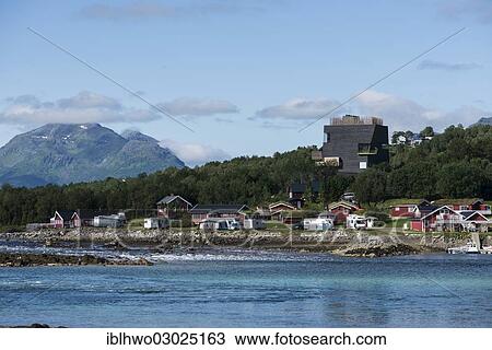 "Modern cultural centre, Knut Hamsun Centre, Glimma River with a campsite at the front and mountains at the rear, Preisteid, Kommune Hamaroy, Nordland, Northern Norway, Norway, Europe" View Large Photo Image Stock Image - "Modern cultural centre, Knut Hamsun Centre, Glimma River with a campsite at the front and mountains at the rear, Preisteid, Kommune Hamaroy, Nordland, Northern Norway, Norway, Europe". Fotosearch
