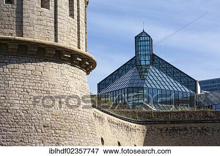 "Modern museum building, Musee d'Art Moderne Grand-Duc Jean, Mudam or Pei Museum and the historic old fortress of Fort Thuengen or Draei Eechelen, European quarter, Kirchberg plateau, Luxembourg City, Europe, PublicGround" View Large Photo Image Stock Photo - "Modern museum building, Musee d'Art Moderne Grand-Duc Jean, Mudam or Pei Museum and the historic old fortress of Fort Thuengen or Draei Eechelen, European quarter, Kirchberg plateau, Luxembourg City, Europe, PublicGround". Fotosearch