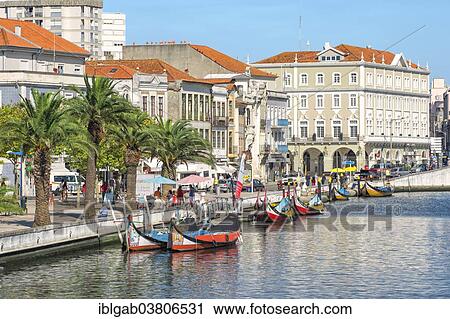 Stock Image - "Moliceiros, boats anchored along the Central Channel, Aveiro, Centro region, Portugal, Europe". Fotosearch
