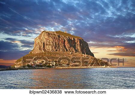 "Monemvasia Byzantine Island castle town with acropolis on the plateau, Peloponnese, Greece, Europe" View Large Photo Image Stock Photo - "Monemvasia Byzantine Island castle town with acropolis on the plateau, Peloponnese, Greece, Europe". Fotosearch