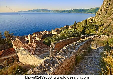 Stock Photograph - "Monemvasia, Byzantine island castle town with acropolis on the plateau, Peloponnese, Greece, Europe". Fotosearch