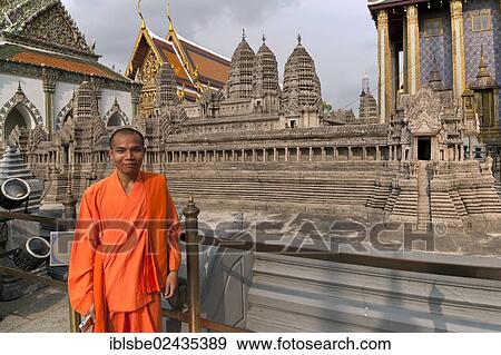 "Monk in front of the model of Angkor Wat, upper terrace, Wat Phra Kaeo, Krung Thep, Bangkok, Thailand, Asia" View Large Photo Image Stock Photo - "Monk in front of the model of Angkor Wat, upper terrace, Wat Phra Kaeo, Krung Thep, Bangkok, Thailand, Asia". Fotosearch