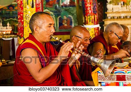 Stock Image - "Monks at a religious festival, Likir Monastery or Likir Gompa, Likir, Ladakh, Jammu and Kashmir, India, Asia". Fotosearch
