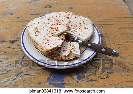 Stock Photo - "Montafoner Sauerkase cheese on bread, Obere Wasserstubenalpe alp, Wasserstubental valley, Verwall mountains, Vorarlberg, Austria, Europe". Fotosearch