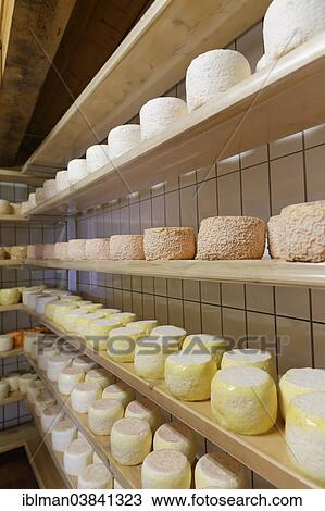 Stock Image - "Montafoner Sauerkase cheese or Sura Kees cheese ripening in a depot, Obere Wasserstubenalpe, Wasserstubental valley, Verwall mountains, Vorarlberg, Austria, Europe". Fotosearch