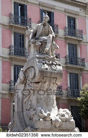 Stock Photograph - "Monument a Pitarra with a statue of Frederic Soler, Barcelona, Catalonia, Spain, Europe, PublicGround, Europe". Fotosearch