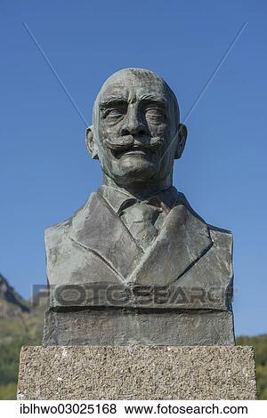 Stock Photo - "Monument for Knut Hamsun, bronze bust on a stone plinth, Ortsteil Hamsund, Kommune Hamaroy, Nordland, Northern Norway, Norway, Europe". Fotosearch