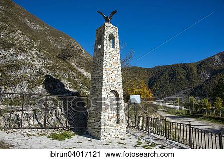 Stock Image - "Monument for the Chechen warrior Zelimxan in the Chechen mountains, Chechnya, Caucasus, Russia, Europe". Fotosearch