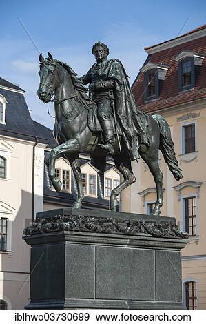 Stock Photo - "Monument to Duke Carl August, bronze equestrian statue on a pedestal, Weimar, Thuringia, Germany, Europe". Fotosearch
