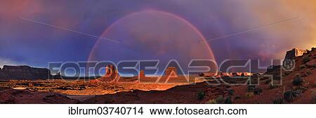 Picture - "Monument Valley with Sentinel Mesa, West Mitten Butte, East Mitten Butte and Merrick Butte with a rainbow, Monument Valley, Navajo Tribal Park, Arizona, United States, North America". Fotosearch