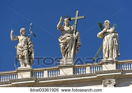 "Monumental statues of John the Baptist, Jesus Christ and an apostle on the facade of St. Peter's Basilica, Piazza San Pietro, St. Peter's Square, Vatican City State, Italy, Europe" View Large Photo Image Stock Photograph - "Monumental statues of John the Baptist, Jesus Christ and an apostle on the facade of St. Peter's Basilica, Piazza San Pietro, St. Peter's Square, Vatican City State, Italy, Europe". Fotosearch