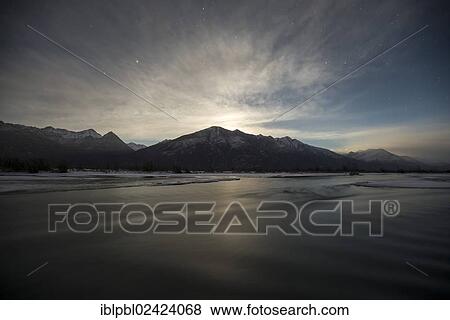 Moonlight at the Knik River Valley, Alaska View Large Photo Image Stock Photo - Moonlight at the Knik River Valley, Alaska. Fotosearch