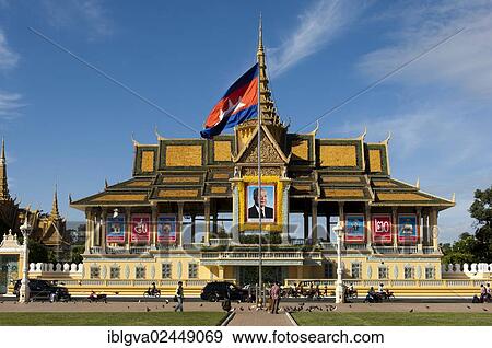 "Moonlight Pavilion, Chan Chaya Pavilion, Royal Palace, with the portrait of the deceased King Norodom Sihanouk and the national flag of Cambodia, Phnom Penh, Cambodia, Southeast Asia, Asia" View Large Photo Image Stock Photo - "Moonlight Pavilion, Chan Chaya Pavilion, Royal Palace, with the portrait of the deceased King Norodom Sihanouk and the national flag of Cambodia, Phnom Penh, Cambodia, Southeast Asia, Asia". Fotosearch