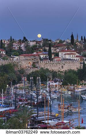 Stock Photo - "Moonrise over the harbour, Kaleici, Antalya, Antalya Province, Turkey, Asia". Fotosearch