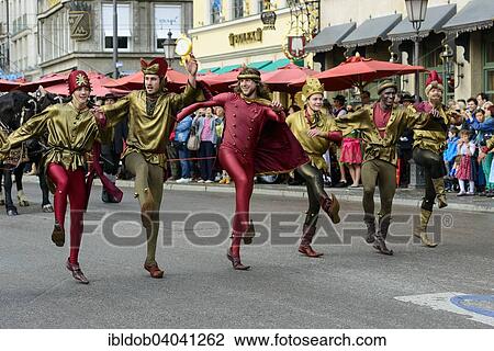 Stock Image - "Morisco dancers or Morris dancers in costume, Oktoberfest Costume and Riflemen's Parade, Munich, Upper Bavaria, Bavaria, Germany, Europe". Fotosearch
