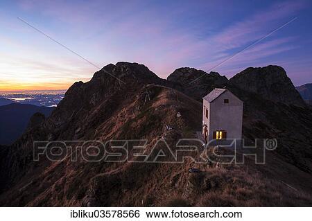 Stock Photograph - "Morning mood at the Bivacco Bocchetta di Campo mountain hut, Val Grande National Park, Verbano-Cusio-Ossola province, Piedmont, Italy, Europe". Fotosearch