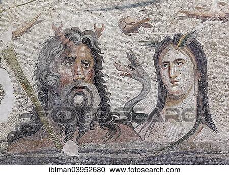 Stock Image - "Mosaic, Oceanus and Tethys, Zeugma Mosaic Museum, Gaziantep, Southeastern Anatolia Region, Anatolia, Turkey, Asia". Fotosearch