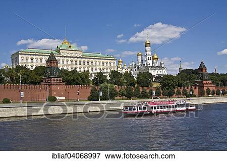 "Moscow Kremlin with the Grand Kremlin Palace, Cathedral of the Archangel, Cathedral of the Annunciation, excursion boat with tourists on the Moskva River, Moscow, Russia, Europe" View Large Photo Image Stock Photo - "Moscow Kremlin with the Grand Kremlin Palace, Cathedral of the Archangel, Cathedral of the Annunciation, excursion boat with tourists on the Moskva River, Moscow, Russia, Europe". Fotosearch