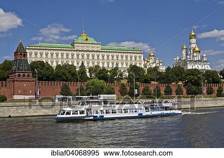 "Moscow Kremlin with the Grand Kremlin Palace, Cathedral of the Archangel, Cathedral of the Annunciation, excursion boat with tourists on the Moskva River, Moscow, Russia, Europe" View Large Photo Image Stock Photography - "Moscow Kremlin with the Grand Kremlin Palace, Cathedral of the Archangel, Cathedral of the Annunciation, excursion boat with tourists on the Moskva River, Moscow, Russia, Europe". Fotosearch