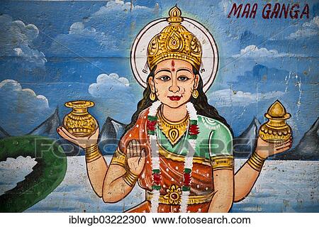 Stock Image - "Mother Goddess Ganga painted on the wall of a house on the banks of the Ganges River, Varanasi, Uttar Pradesh, India, Asia". Fotosearch