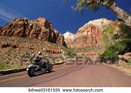 "Motorcyclist riding a Harley Davidson on the Zion-Mount Carmel Highway, Zion National Park, Springdale, Utah, United States, North America" View Large Photo Image Stock Photography - "Motorcyclist riding a Harley Davidson on the Zion-Mount Carmel Highway, Zion National Park, Springdale, Utah, United States, North America". Fotosearch